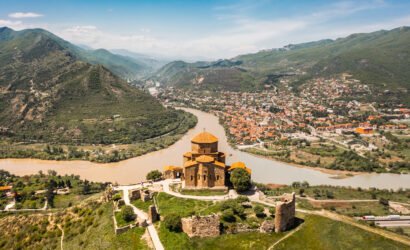 Aerial view of Jvari Monastery near Mtskheta city